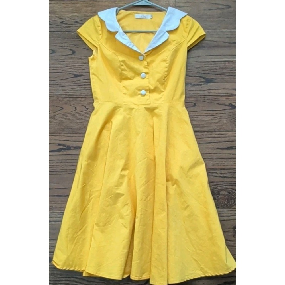 HR Homrain Retro Style Yellow Swing Dress Sz XS Pin Up Girl Rockabilly 50s Twee